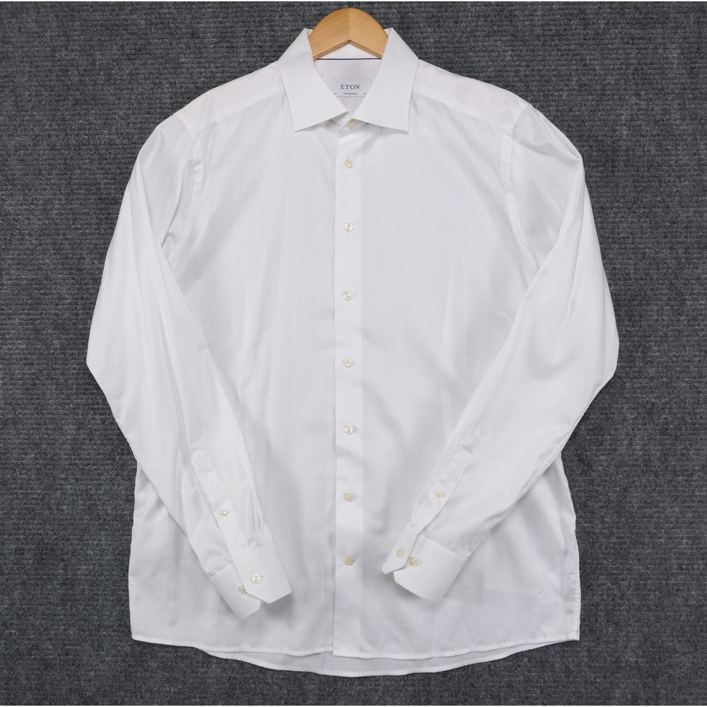 Eton White Signature Twill Contemporary Fit Dress Shirt Mens 44 17.5 Clean